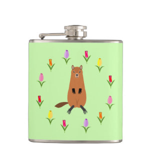 Schattigee Groundhog en Tulip Flowers Heupfles