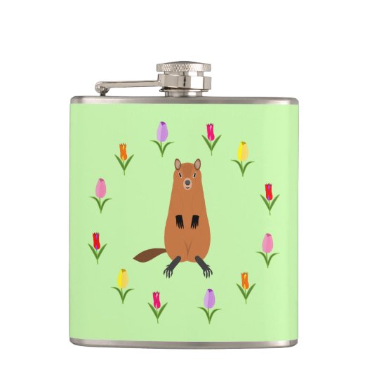 Schattigee Groundhog en Tulip Flowers Heupfles (Voorkant)