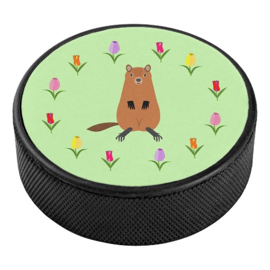Schattigee Groundhog en Tulip Flowers Hockey Puck (3/4)