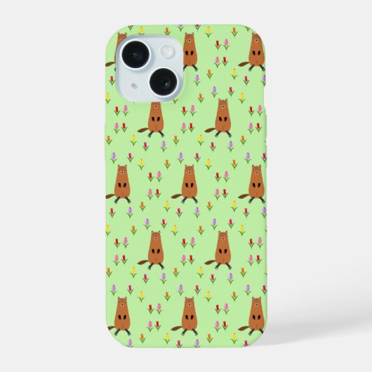 Schattigee Groundhog en Tulip Flowers Patterned iPhone 15 Case (Achterkant)