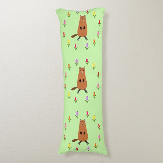 Schattigee Groundhog en Tulip Flowers Patterned Lichaamskussen (Voorkant Verticaal)