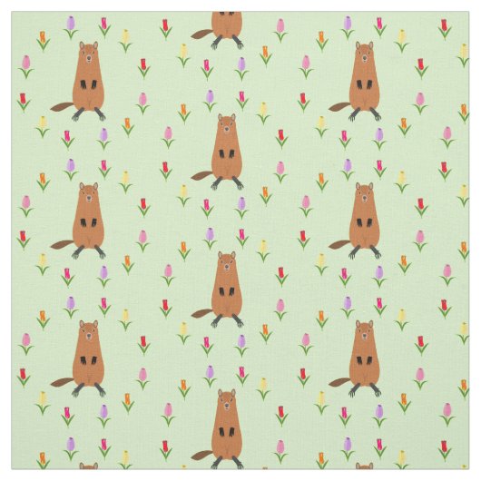 Schattigee Groundhog en Tulip Flowers Patterned Stof (Swatch)