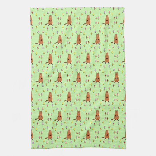 Schattigee Groundhog en Tulip Flowers Patterned Theedoek (Verticaal)