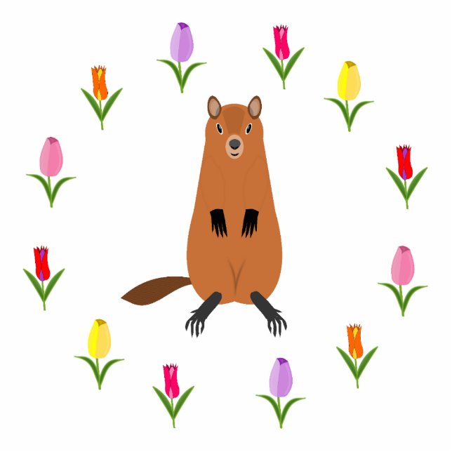 Schattigee Groundhog en Tulip Flowers Staand Fotobeeldje (Voorkant)