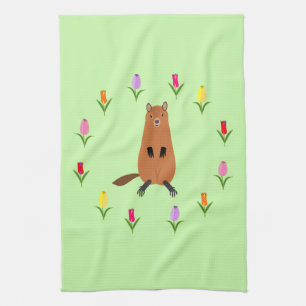 Schattigee Groundhog en Tulip Flowers Theedoek