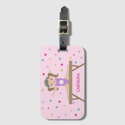 Schattigee Gymnast met Bruin Haar & Glitter Sterre Bagagelabel (Voorkant (verticaal))