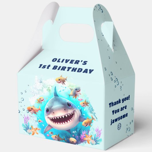 Schattigee haai baby jongen 1e verjaardag grote ge bedankdoosjes (Voorkant)