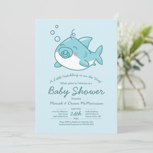 Schattigee haai Baby shower Kawaii Blue Boy Kaart (Staand voorkant)