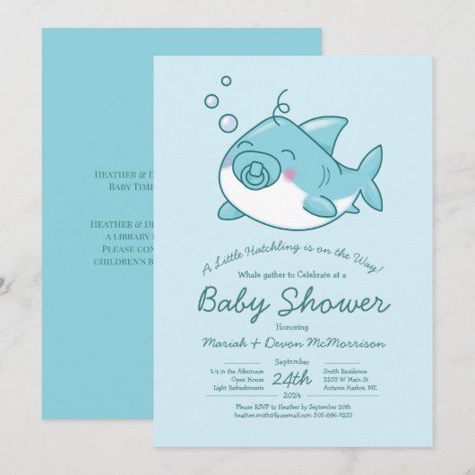 Schattigee haai Baby shower Kawaii Blue Boy Kaart (Voorkant / Achterkant)