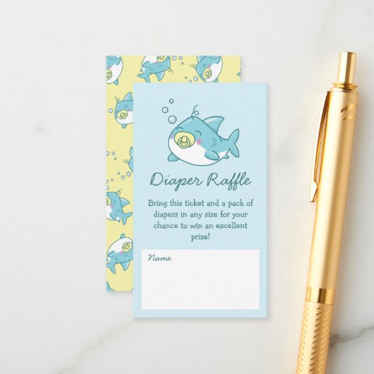 Schattigee haai Baby shower Kawaii luier Raffle Informatiekaartje (Voorkant / Achterkant in situ)
