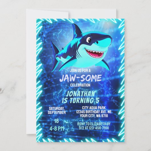 Schattigee haai Neon Glow Blue Pool Party Boys Ver Kaart (Voorkant)