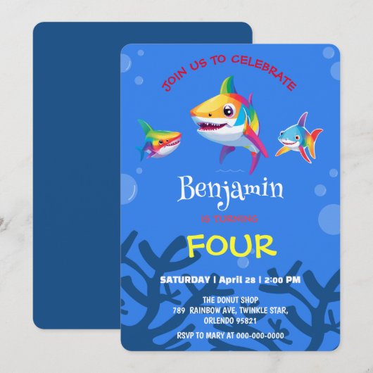 Schattigee haai regenboog kleurrijke verjaardagsfe kaart (Voorkant / Achterkant)