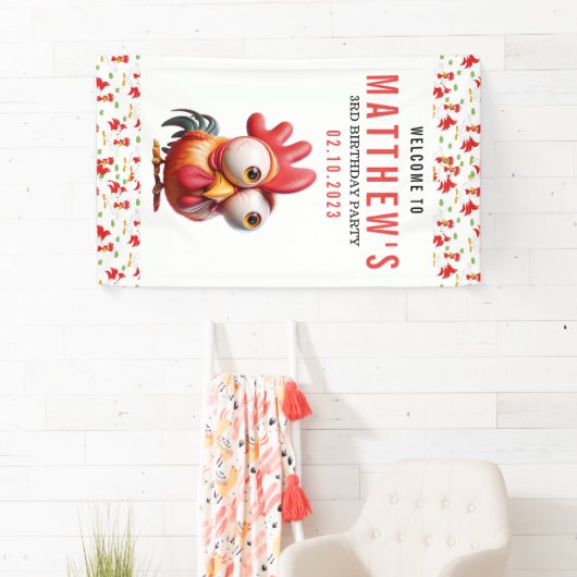 Schattigee Haan Karikaturen 3e Verjaardagsfeest Spandoek (Insitu)