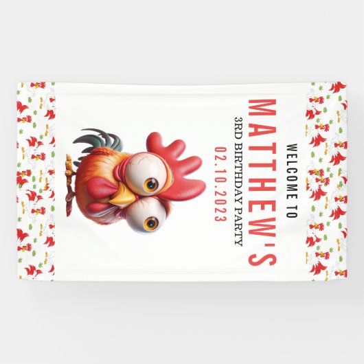 Schattigee Haan Karikaturen 3e Verjaardagsfeest Spandoek (Horizontaal)