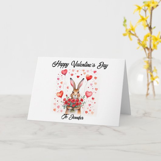 Schattigee Haas met harten Valentijnse Kaart (Gele Bloem)