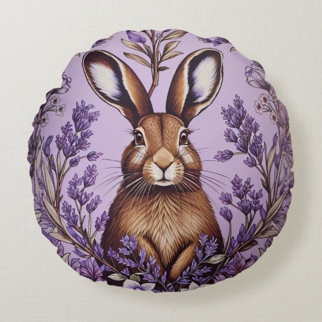 Schattigee haas met lavendel William Morris Geïnsp Rond Kussen (Voorkant)