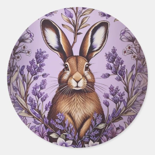 Schattigee haas met lavendel William Morris Geïnsp Ronde Sticker (Voorkant)