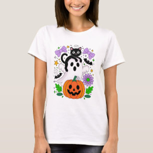 Schattigee Halloween Black Cat Ghost en Pumpkin Ar T-shirt