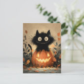 Schattigee Halloween Black Cat op een Jack-o'-Lant Feestdagenkaart (Staand voorkant)