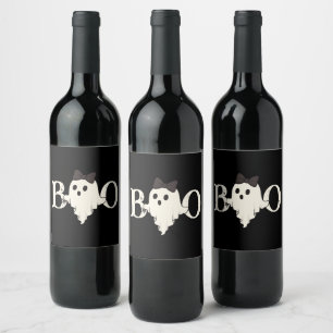 Schattigee Halloween - "Boo" Ghost met Boog - Wijn Etiket
