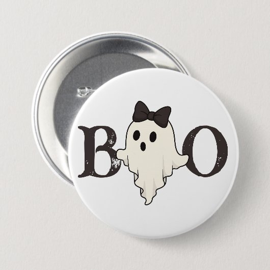 Schattigee Halloween Button - "Boo" Ghost met boog (Voorkant /achterkant)