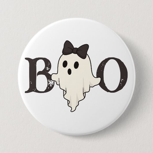 Schattigee Halloween Button - "Boo" Ghost met boog (Voorkant)