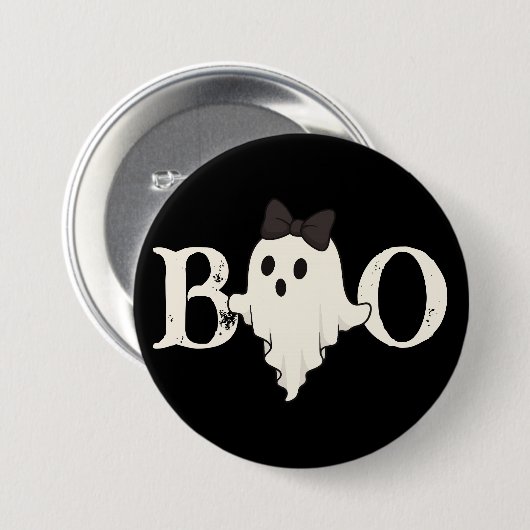 Schattigee Halloween Button - "Boo" Ghost met boog (Voorkant /achterkant)