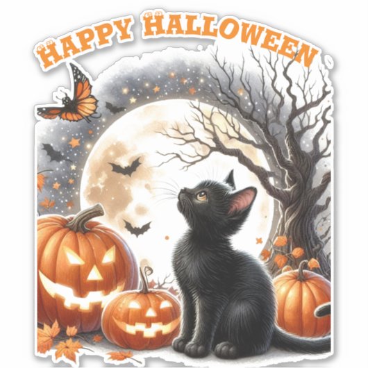 Schattigee Halloween Cat Custom-Cut Vinyl Sticker (Voorkant)