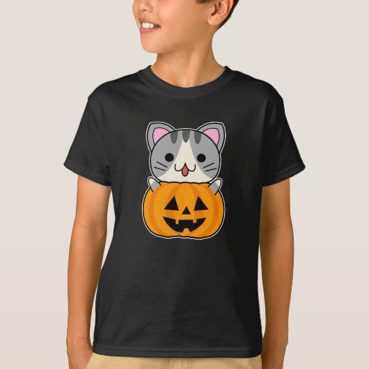 Schattigee Halloween Cat in Jack o Lantern T-shirt (Voorkant)