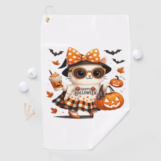 Schattigee Halloween Cat – Kawaii Witch Kat met Pu Golfhanddoek (Insitu)