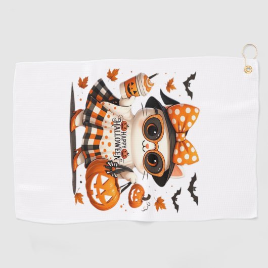 Schattigee Halloween Cat – Kawaii Witch Kat met Pu Golfhanddoek (Horizontaal)