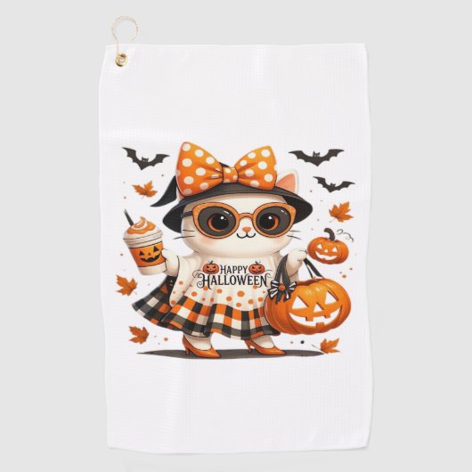 Schattigee Halloween Cat – Kawaii Witch Kat met Pu Golfhanddoek (Voorkant)