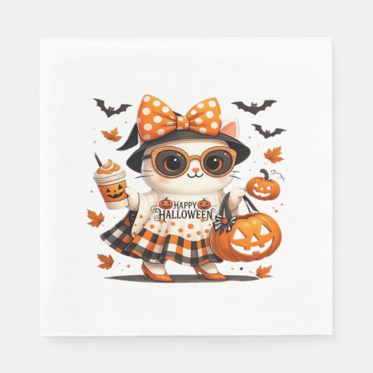 Schattigee Halloween Cat – Kawaii Witch Kat met Pu Servet (Voorkant)