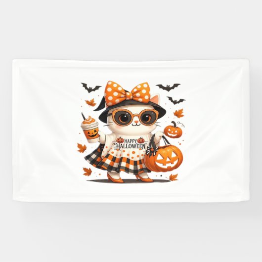 Schattigee Halloween Cat – Kawaii Witch Kat met Pu Spandoek (Horizontaal)