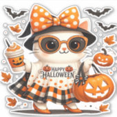 Schattigee Halloween Cat – Kawaii Witch Kat met Pu Sticker (Voorkant)