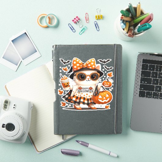 Schattigee Halloween Cat – Kawaii Witch Kat met Pu Sticker (iPad Cover)