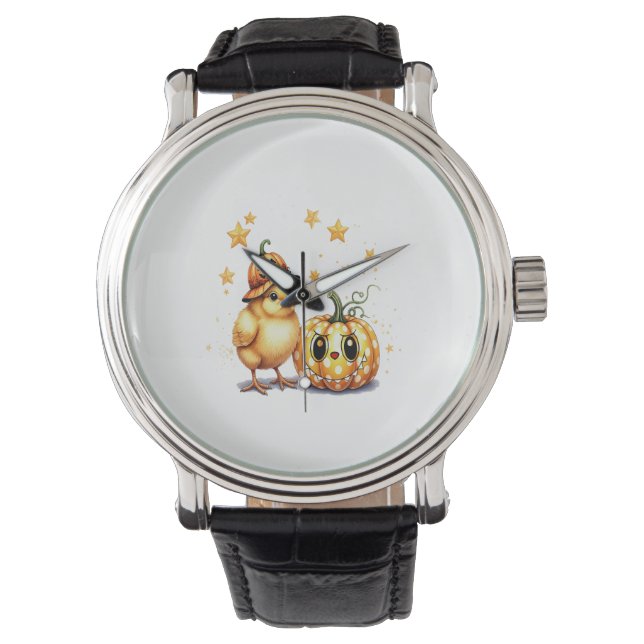 Schattigee Halloween Chick Pumpkin Horloge (Voorkant)