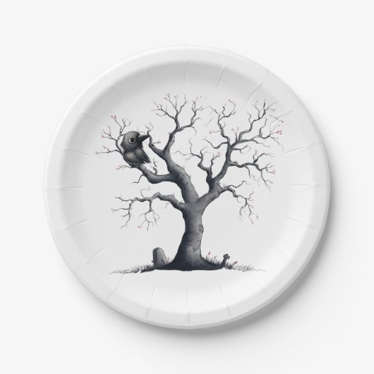 Schattigee Halloween Crow in Tree Papieren Bordje (Voorkant)