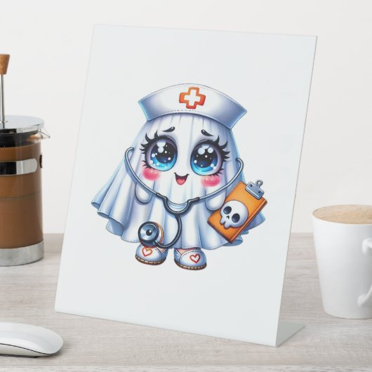 Schattigee Halloween-geest in een verpleegstersuni Reclamebord Met Voetstuk (Insitu)