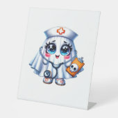 Schattigee Halloween-geest in een verpleegstersuni Reclamebord Met Voetstuk (Voorkant)