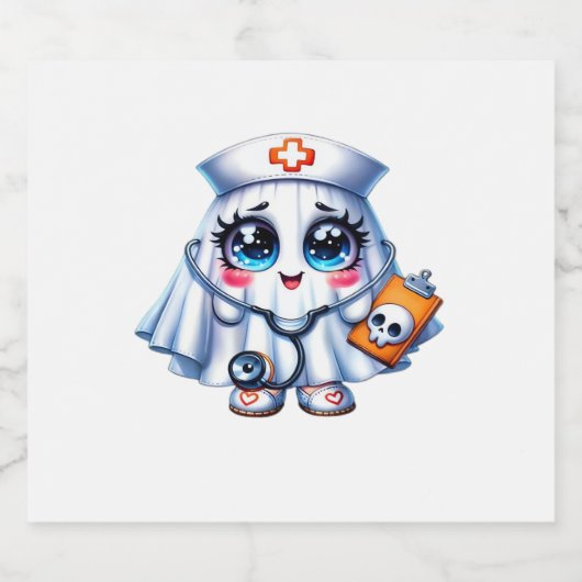 Schattigee Halloween-geest in een verpleegstersuni Sparkling Wijnetiket (Enkel label)