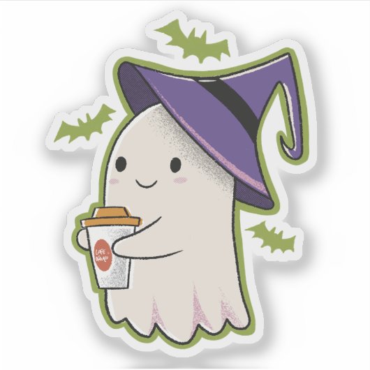 Schattigee Halloween-geest met koffiekopje Sticker (Voorkant)