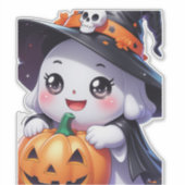 Schattigee Halloween-geest met pompoen Sticker (Voorkant)