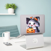 Schattigee Halloween-geest met pompoen Sticker (Laptop op bureau)
