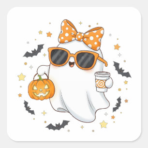 Schattigee Halloween-geest met pompoen Vierkante Sticker