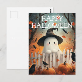 Schattigee Halloween-geest met pompoenen en kraaie Briefkaart