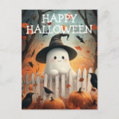 Schattigee Halloween-geest met pompoenen en kraaie Briefkaart (Voorkant)
