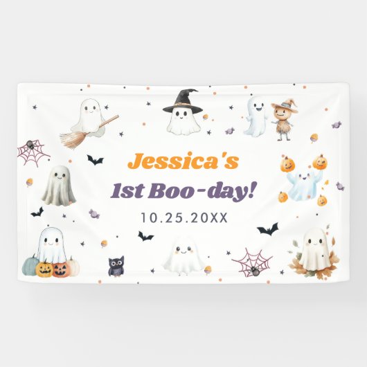 Schattigee Halloween Ghost 1e Verjaardagsfeest Spandoek (Horizontaal)