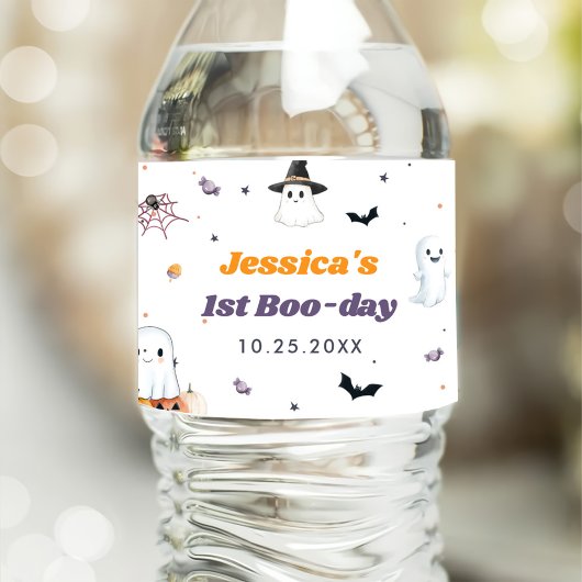 Schattigee Halloween Ghost 1e Verjaardagsfeest Waterfles Etiket