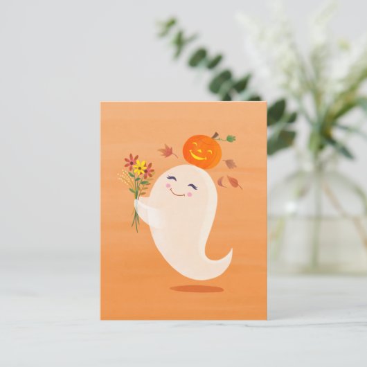 Schattigee Halloween Ghost and Flowers Oranje Brie Briefkaart (Staand voorkant)